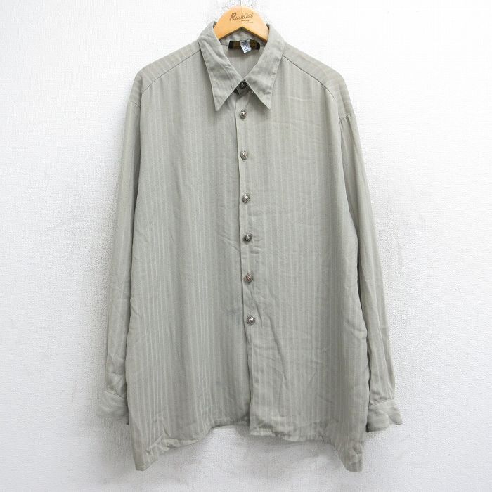 XL/古着 長袖 シャツ メンズ 90s 大きいサイズ ロング丈 レーヨン ベージュ他 カーキ ストライプ 25sep12 中古 トップス拍卖