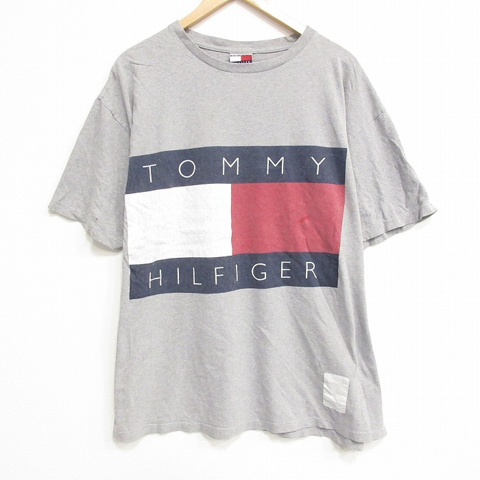 XL/古着 トミーヒルフィガー 半袖 ビンテージ ブランド Tシャツ メンズ 90s ビッグロゴ 大きいサイズ コットン クルーネック グレー 霜降り拍卖