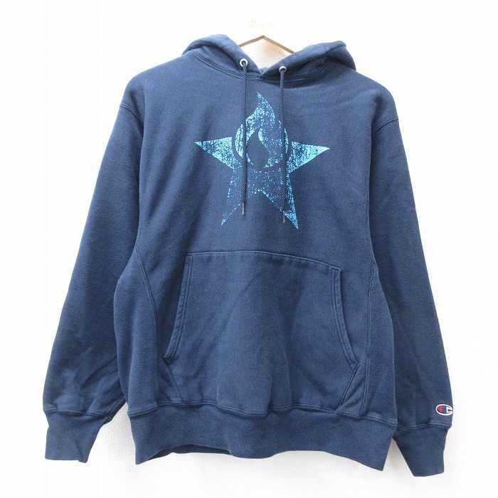 L/古着 長袖 チャンピオン Champion リバースウィーブ パーカー メンズ 星 炎 紺 ネイビー 25sep22 中古 スウェット スエット トレーナー拍卖
