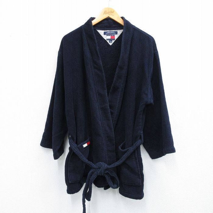 L/古着 トミーヒルフィガー 長袖 ブランド ガウン メンズ 90s ワンポイントロゴ パイル地 ロング丈 コットン 紺 ネイビー 25sep25 中古 ア拍卖