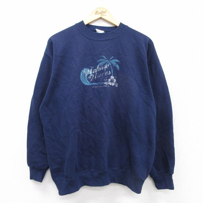 L/古着 長袖 スウェット メンズ 90s ヤシの木 ハイビスカス クルーネック 紺 ネイビー 25sep20 中古 スエット トレーナー トップス拍卖