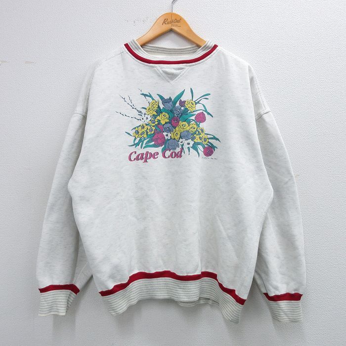 XL/古着 長袖 スウェット メンズ 90s 花 ケープコッド 大きいサイズ クルーネック 薄グレー 霜降り他 25sep25 中古 スエット トレーナー ト拍卖