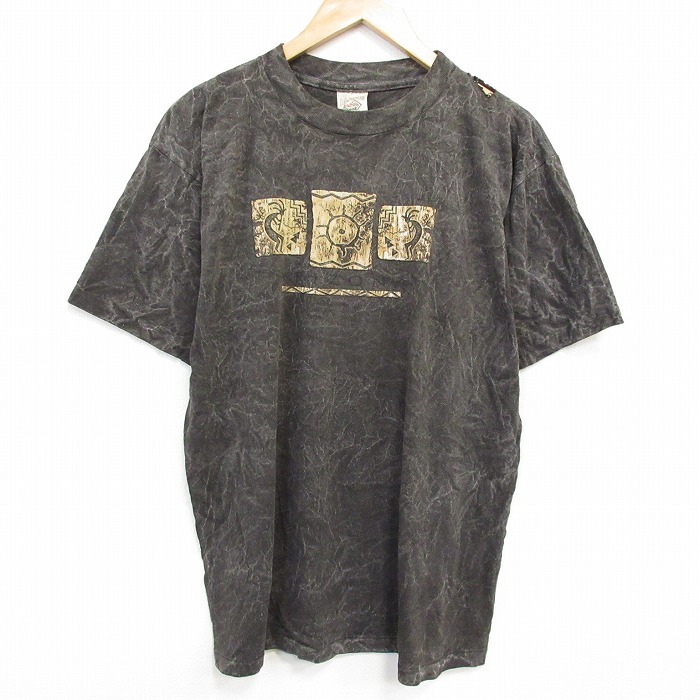 XL/古着 半袖 ビンテージ Tシャツ メンズ 90s ココペリ ホピ族 コットン クルーネック こげ茶他 ブラウン タイダイ 25sep19 中古拍卖