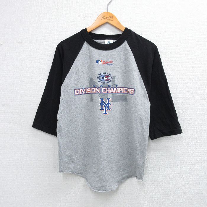 M/古着 7分袖 ビンテージ Tシャツ メンズ 00s MLB ニューヨークメッツ ラグラン ツートンカラー クルーネック グレー 霜降り他 メジャーリ拍卖