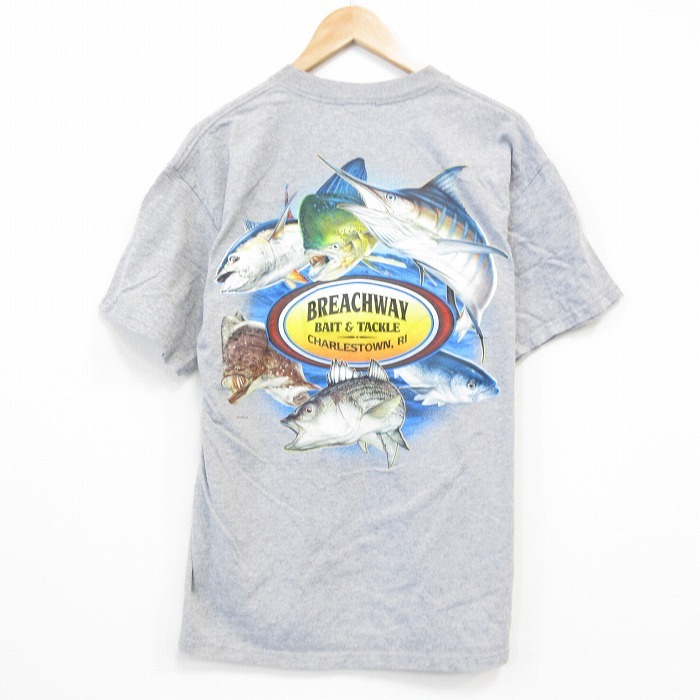L/古着 半袖 ビンテージ Tシャツ メンズ 00s 魚 胸ポケット付き クルーネック グレー 霜降り 25sep25 中古拍卖