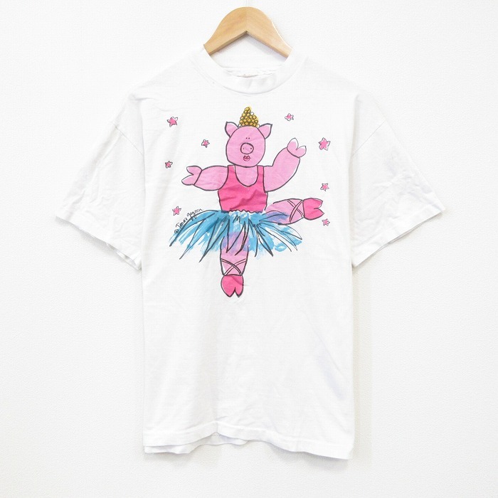 L/古着 半袖 ビンテージ Tシャツ メンズ 90s ブタ クルーネック 白 ホワイト 25sep25 中古拍卖