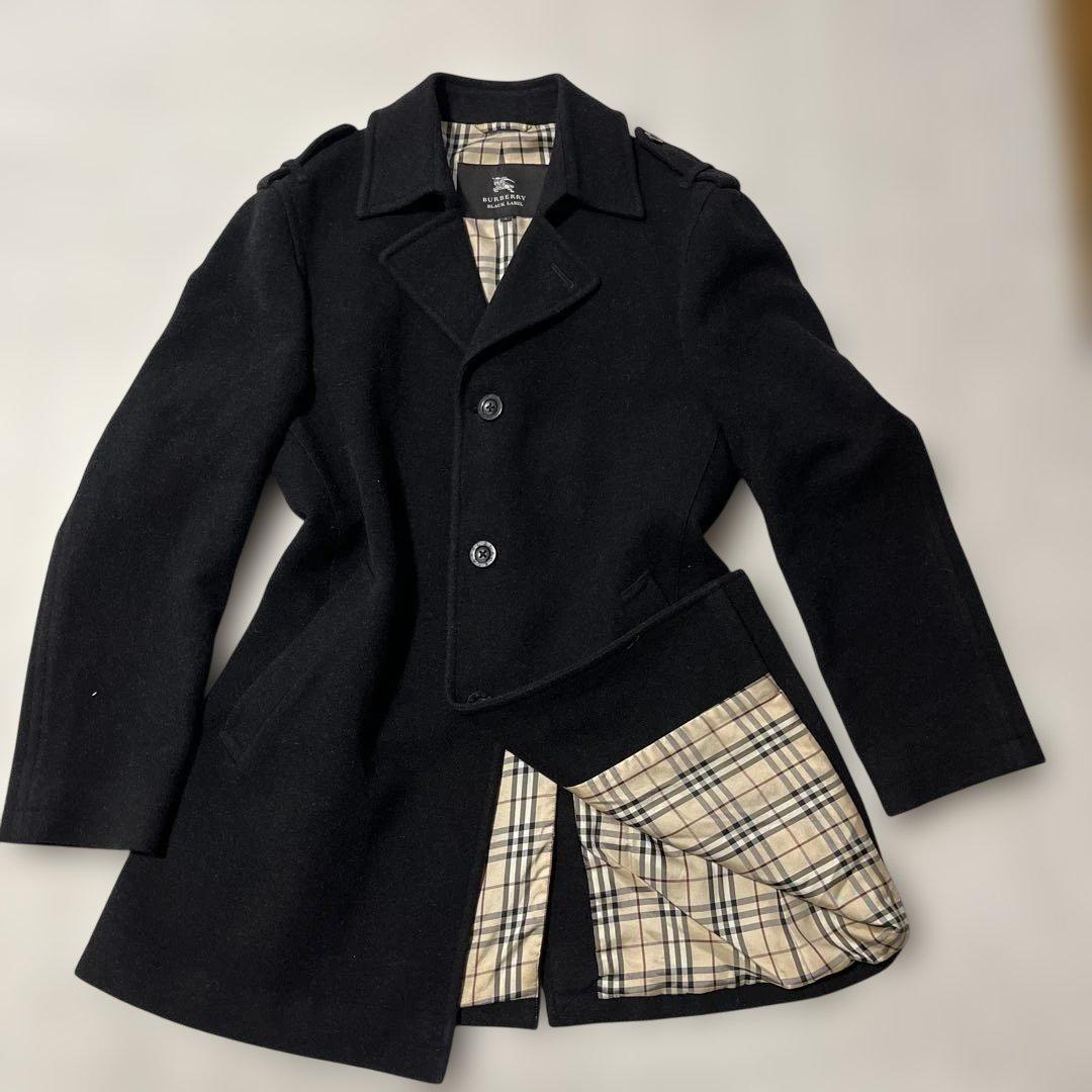 【美品】Burberry バーバリーブラックレーベル チェスターコート カシミヤ混 裏地ノバチェック ウール シングル ロゴボタン 黒拍卖