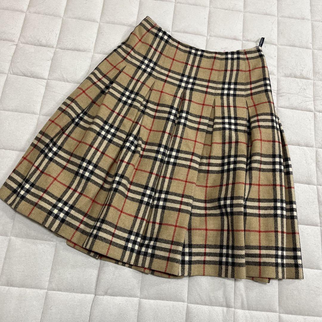 美品 バーバリーロンドン Burberry  アルパカ混 ウール ノバチェック プリーツスカート ベージュ フレア 膝丈スカート 厚手拍卖