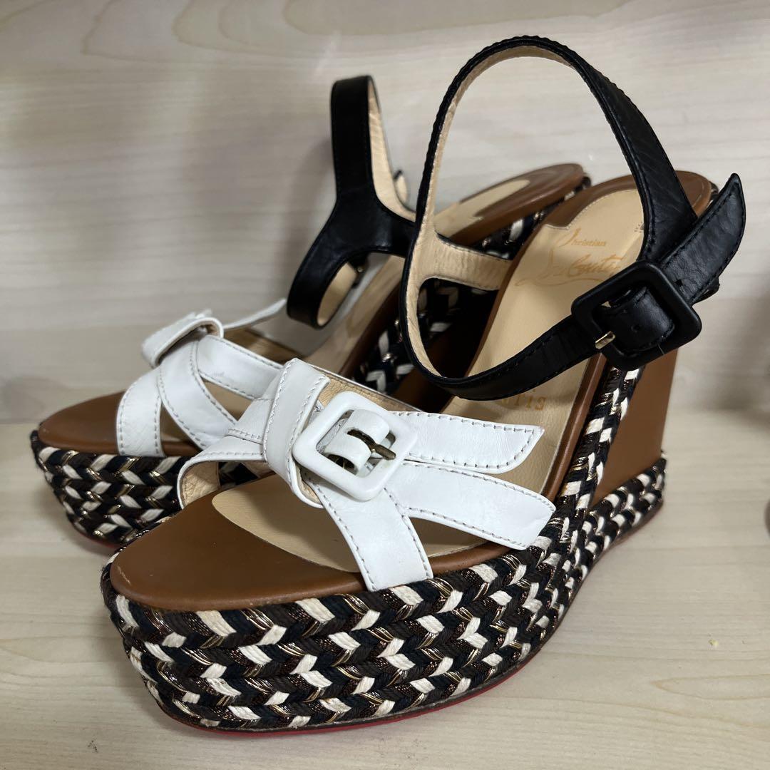 Christian Louboutin クリスチャンルブタン レザー ウェッジサンダル キャメル コンビカラー 36 編み込み 22.5~23cm 黒 ストラップ拍卖