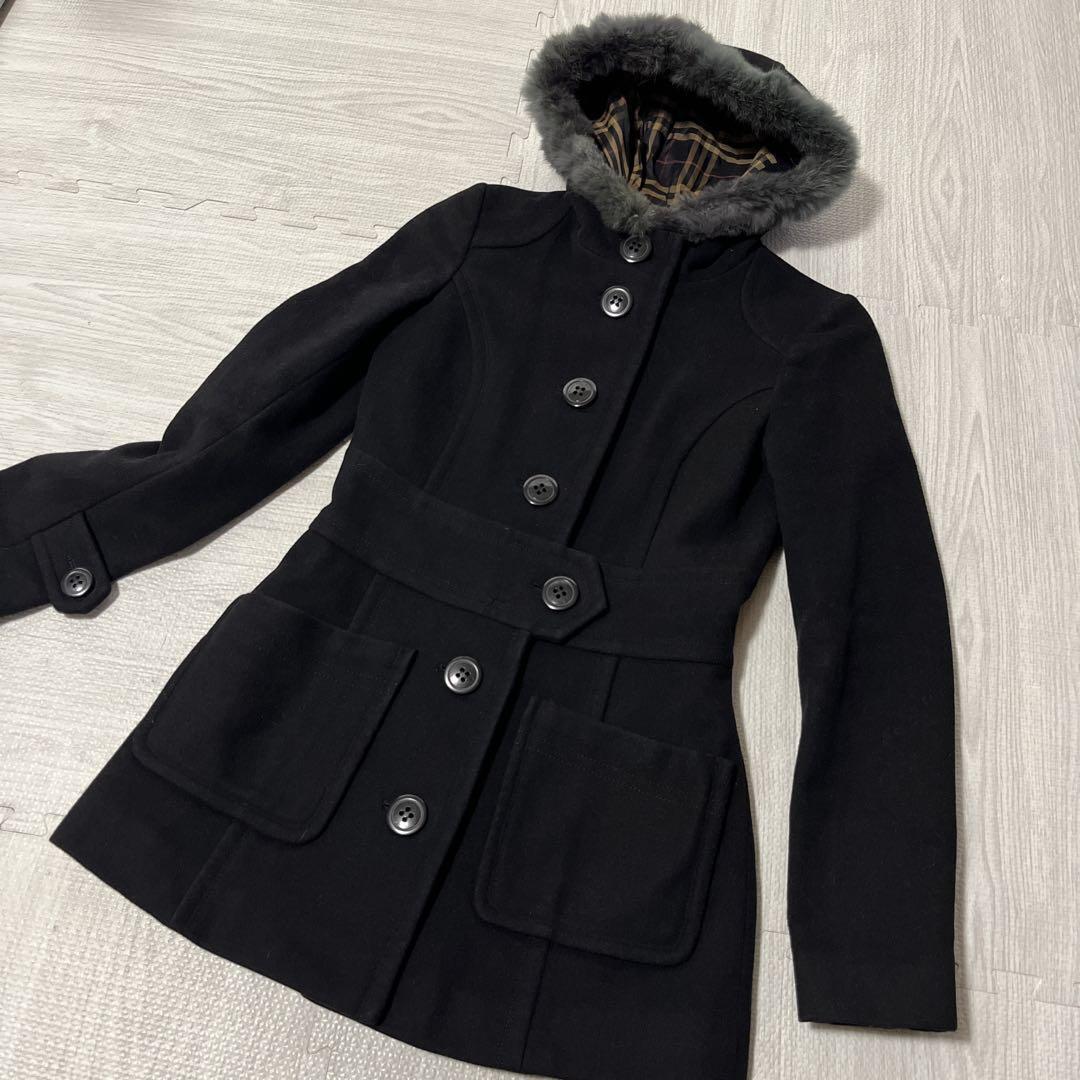 Burberry BLUE label バーバリーブルーレーベル アンゴラ混 ウール ノバチェック ラビットファー 黒 S シングル フード付き ブラック拍卖