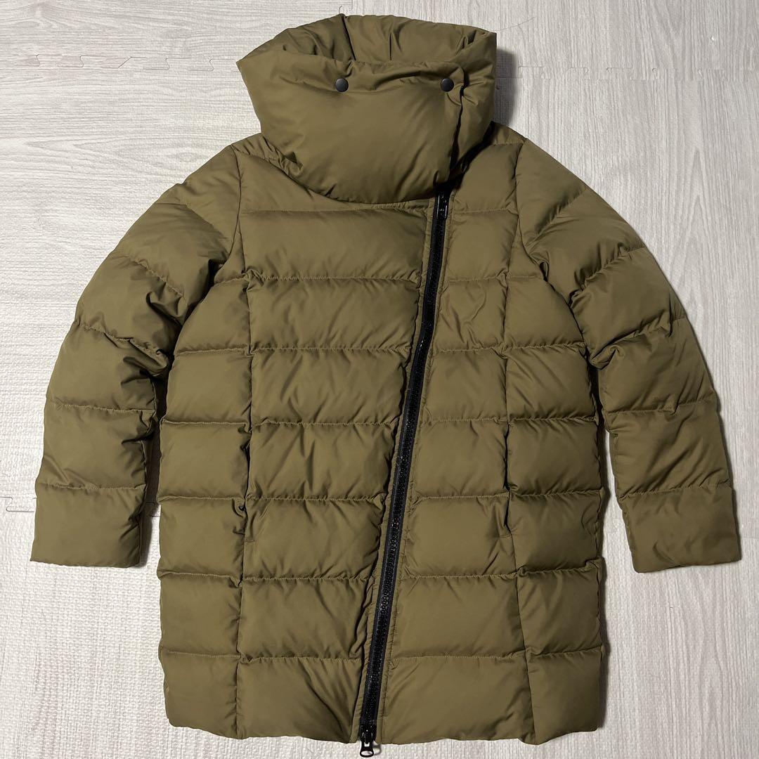 美品 mizuiro ind ミズイロインド ダウンコート コクーン ワイドカラー ダウン ダブルジップアップ カーキ色 フリーサイズ ブラウン系拍卖