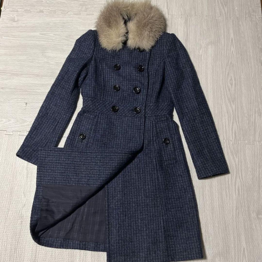 希少 極美品 BURBERRY BLACK LABEL バーバリーブラックレーベル レディース ブルーフォックスファーコート アルパカ混 ツイード ダブル拍卖
