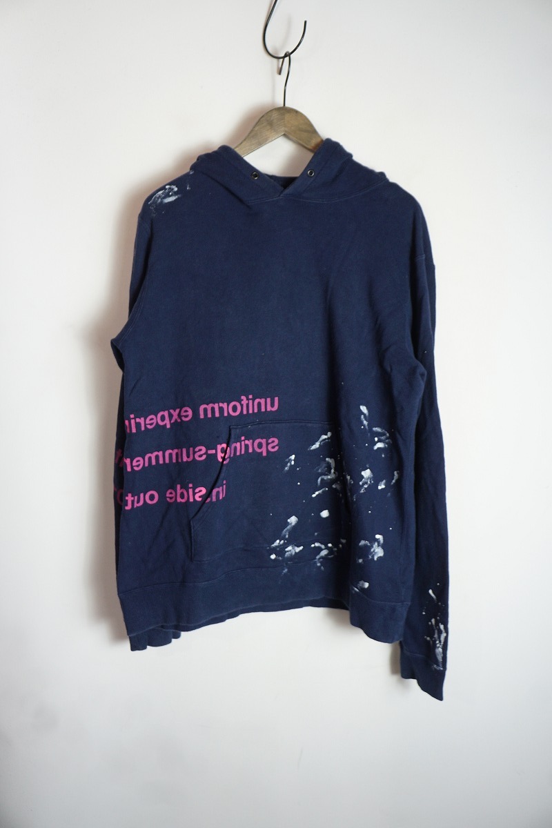 正規 uniform experiment ユニフォームエクスペリメント PAINTED PULL OVER HOODY パーカー ペイント プリント UE-180006 紺 2 314P★4拍卖