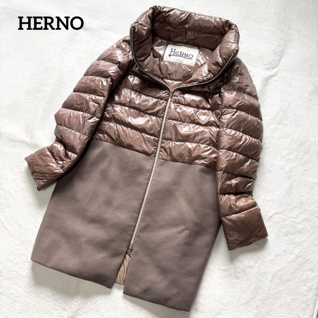 HERNO ヘルノ 異素材切り替え ダウンコート 46 ブラウン レディース 大きめサイズ デュアルマテリアル拍卖