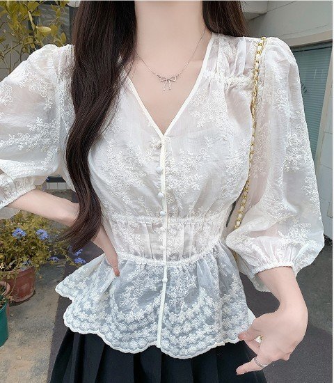 トップス シャツ ブラウス 七分袖 透け感 Vネック シンプル カジュアル かわいい お出かけ レディース XL アプリコット拍卖