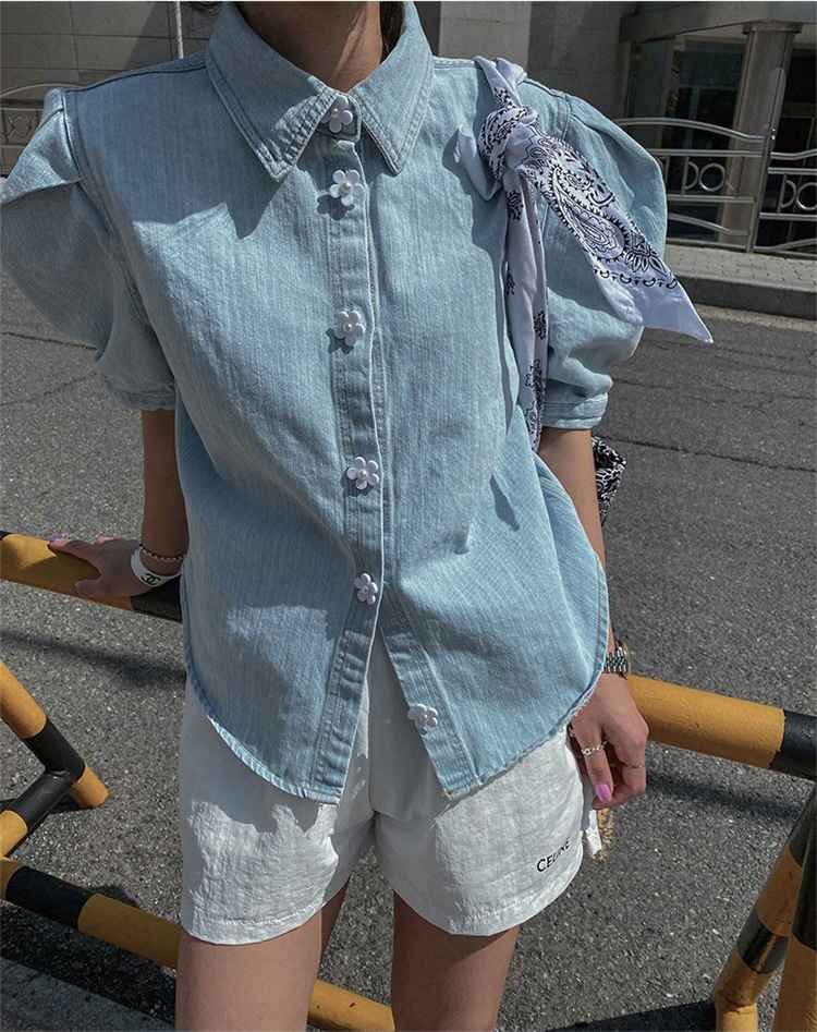 スリム デニム パフスリーブ フラワーボタン シャツ 半袖拍卖