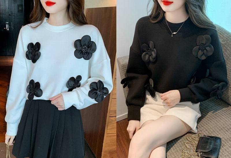 スウェット トレーナー カジュアル シンプル かわいい 花柄 長袖トップス 【大きいサイズあり】 2XL ホワイト拍卖