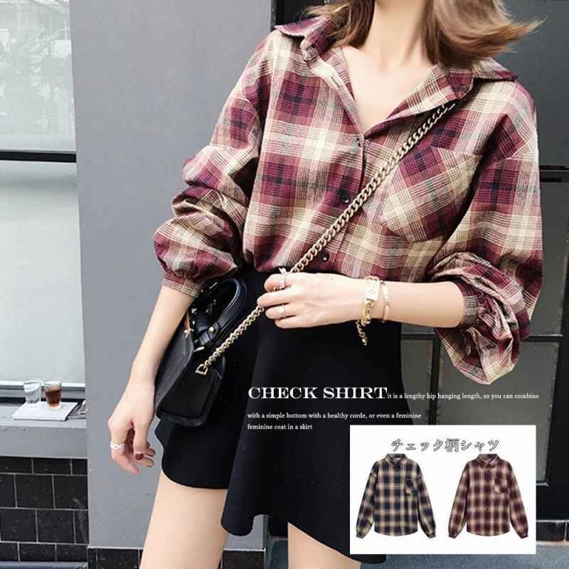 タータンチェック シャツ 春 ゆったりシャツ レディース 長袖シャツ フリー ネイビー拍卖