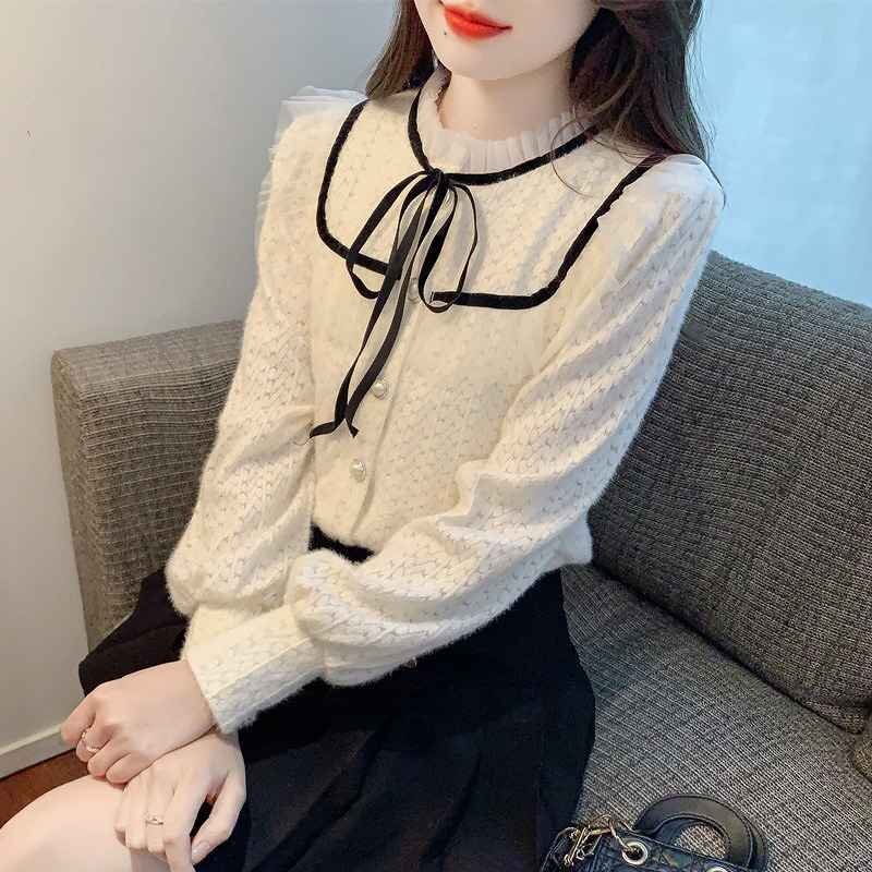 長袖シャツ フリルシャツ レトロ かわいい リボン シンプル 秋冬 レース 【大きいサイズあり】 XL ベージュ拍卖