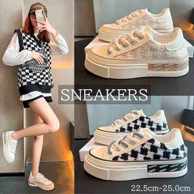 レディース スリッポン スニーカー 紐靴 シューズ ギンガムチェック柄 フラットカジュアル 24.0cm(38) ベージュ拍卖