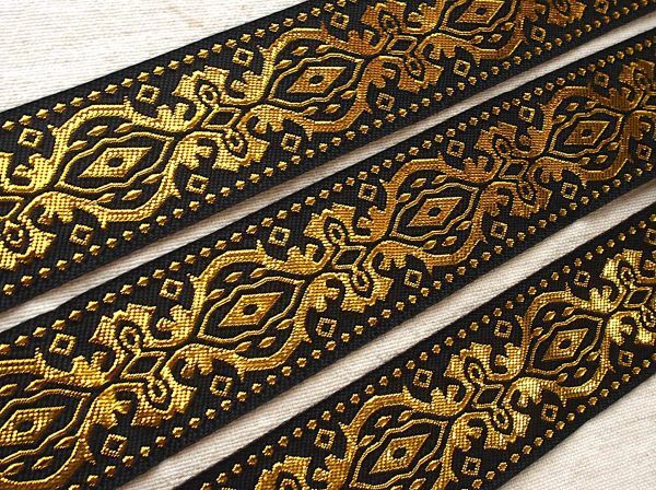 即決 ! 50cmより 長さ延長可 エスニックチロリアンテープ 黒金☆インド刺繍リボン拍卖