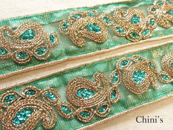 即決 ! 0.5mより インド刺繍リボン チロリアンテープ ペイズリー緑☆チロリアンテープ☆ 手芸 装飾 衣装 手作り拍卖