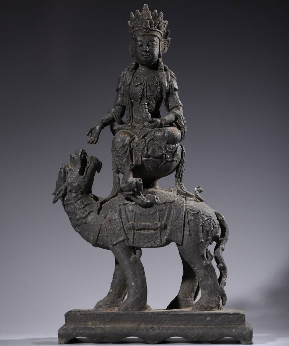 唐物 清 紫銅 騎吼観音造像 仏像 奉納されていた 供養品 銅製品 銅器 極細工 古美術品 時代物 中国古玩 骨董品 D69拍卖