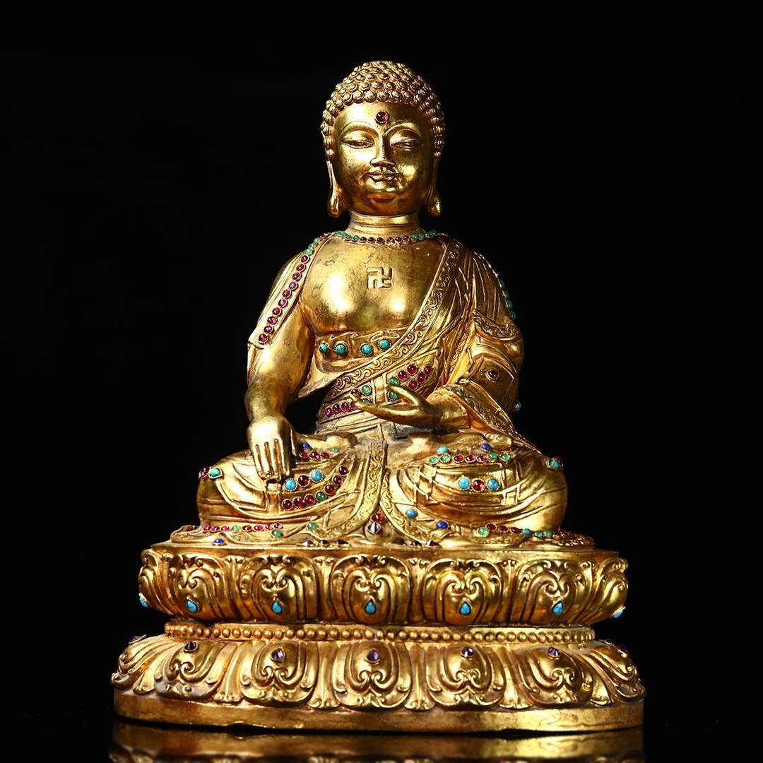 唐物 清 銅塗金 はめ込む寶石 釋迦牟尼仏像一尊 仏像 奉納されていた 供養品 銅製 極細工 古美術品 中国古玩 骨董品 D69拍卖