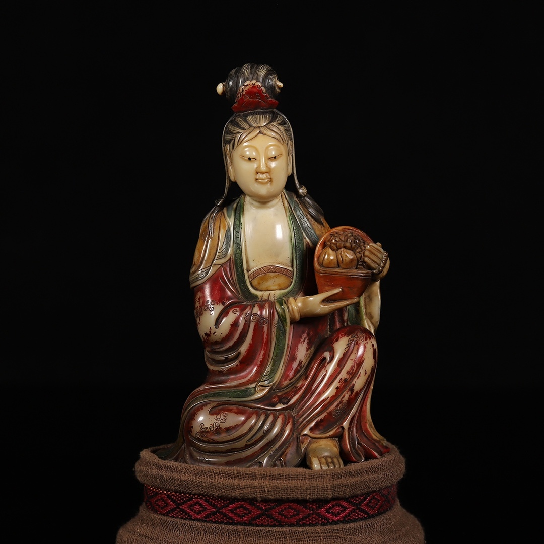 唐物 【清代篆刻家 呉譲之】寿山石 手作り彩色 彫刻 観音仏像 天然石 手彫 篆刻 極細工 中国古玩 骨董品 古美味 D69拍卖