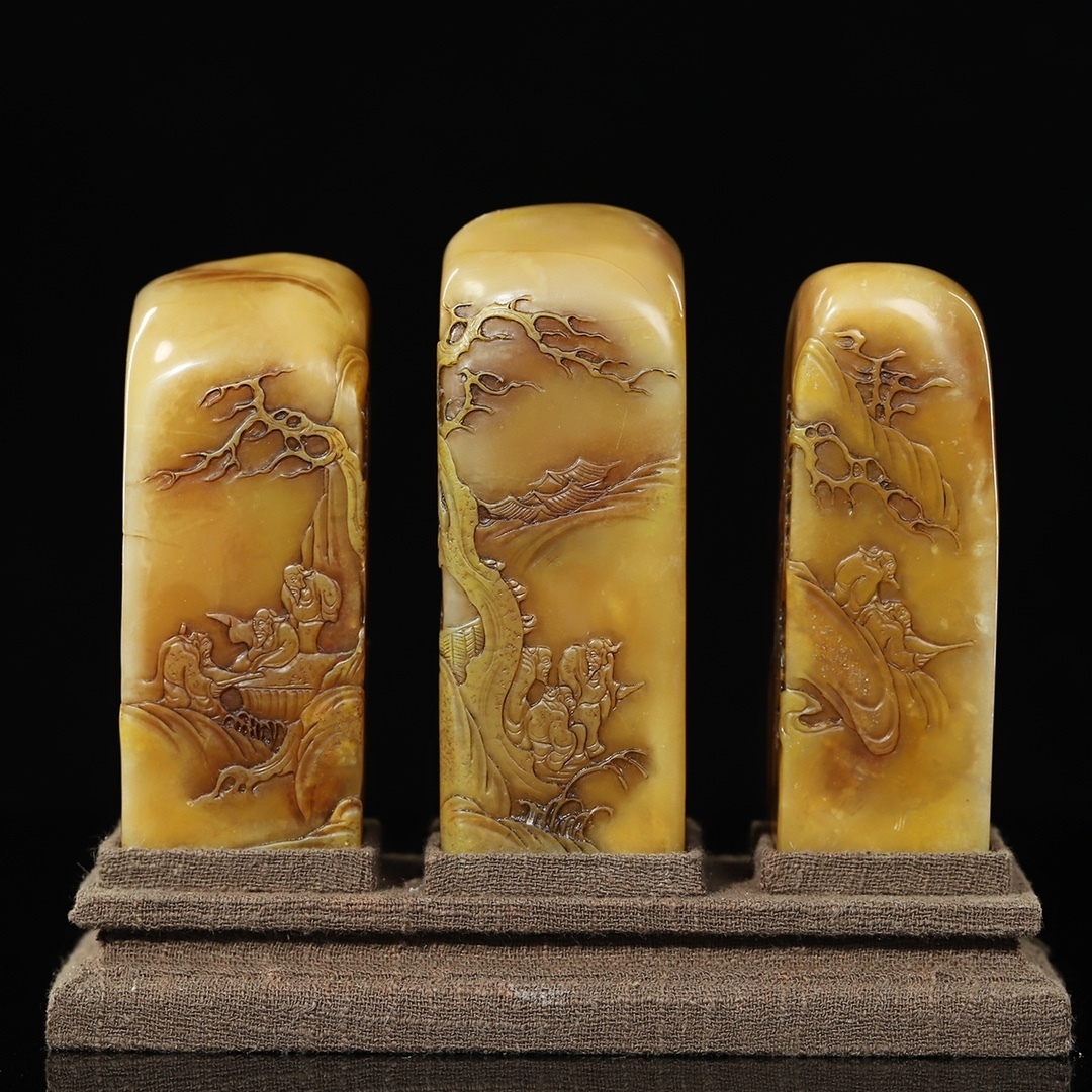 唐物 【清代篆刻家 鄧石如 号:古浣子】寿山石 田黄彫刻 人物物語紋 薄意印鑑セット 天然石 手彫 篆刻 極細工 中国古玩 骨董品 古美味 D69拍卖