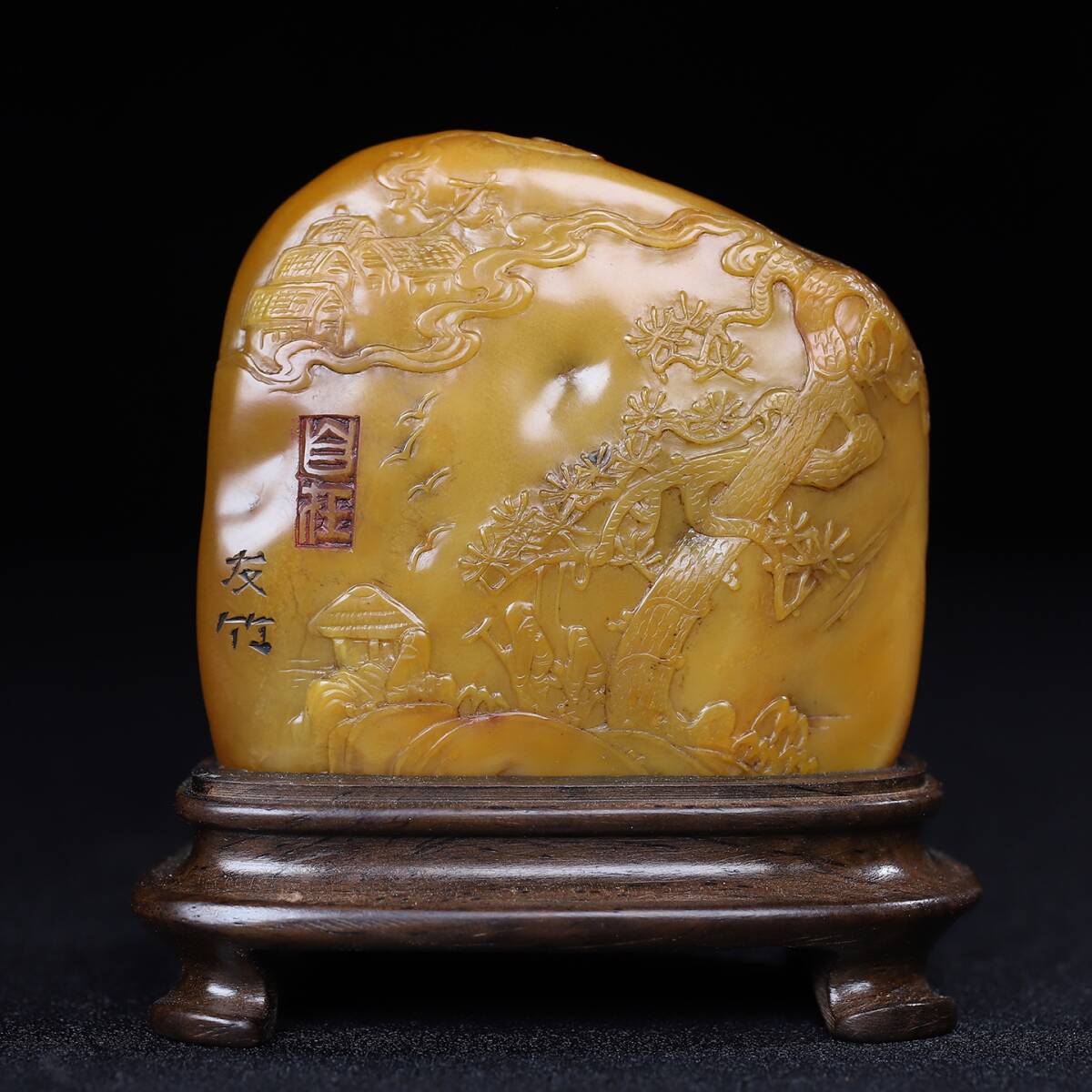 唐物 【清代篆刻家 徐堅 號:友竹】寿山石 細密彫 松下聚賢 人物紋 薄意の置物 天然石 手彫 篆刻 極細工 中国古玩 骨董品 古美味 D69拍卖
