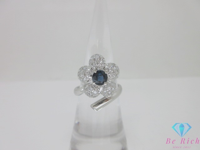 Pt900 プラチナ サファイア ダイヤモンド 0.34ct 付 花 フラワー モチーフ デザイン リング 指輪 13号 鑑別書【中古】【送料無料】th13290拍卖