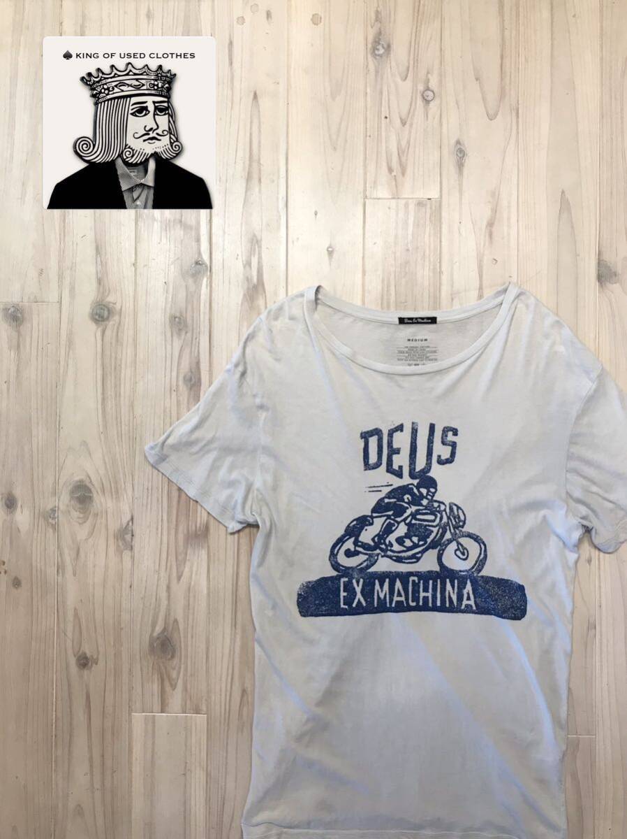 DEUS EX MACHINA デウスエクスマキナ ルーズTシャツ Mサイズ カフェレーサー 襟ぐり広め ロング丈 半袖Tシャツ ユーズド 古着拍卖