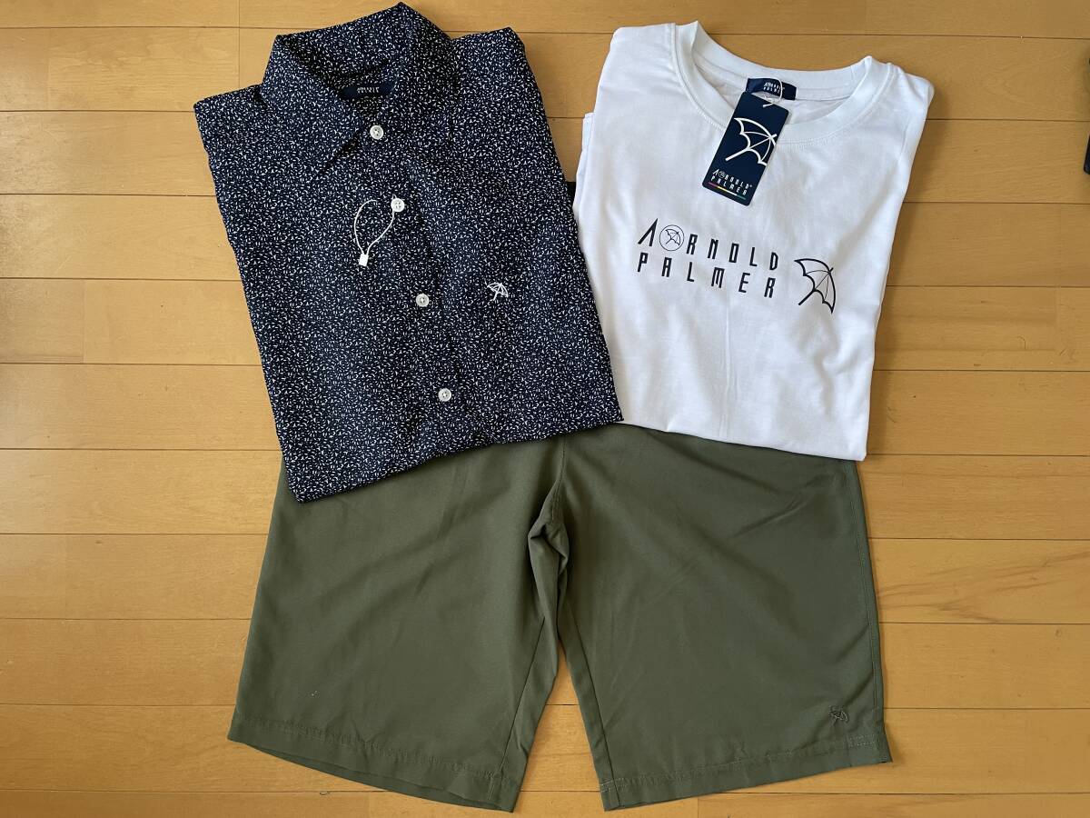 新品未使用 送料無料 LL ARNOLD PALMER アーノルドパーマー 半袖シャツ・半袖Tシャツ・ハーフパンツ 3点 上下セットアップ 紺/白/濃緑 即決拍卖