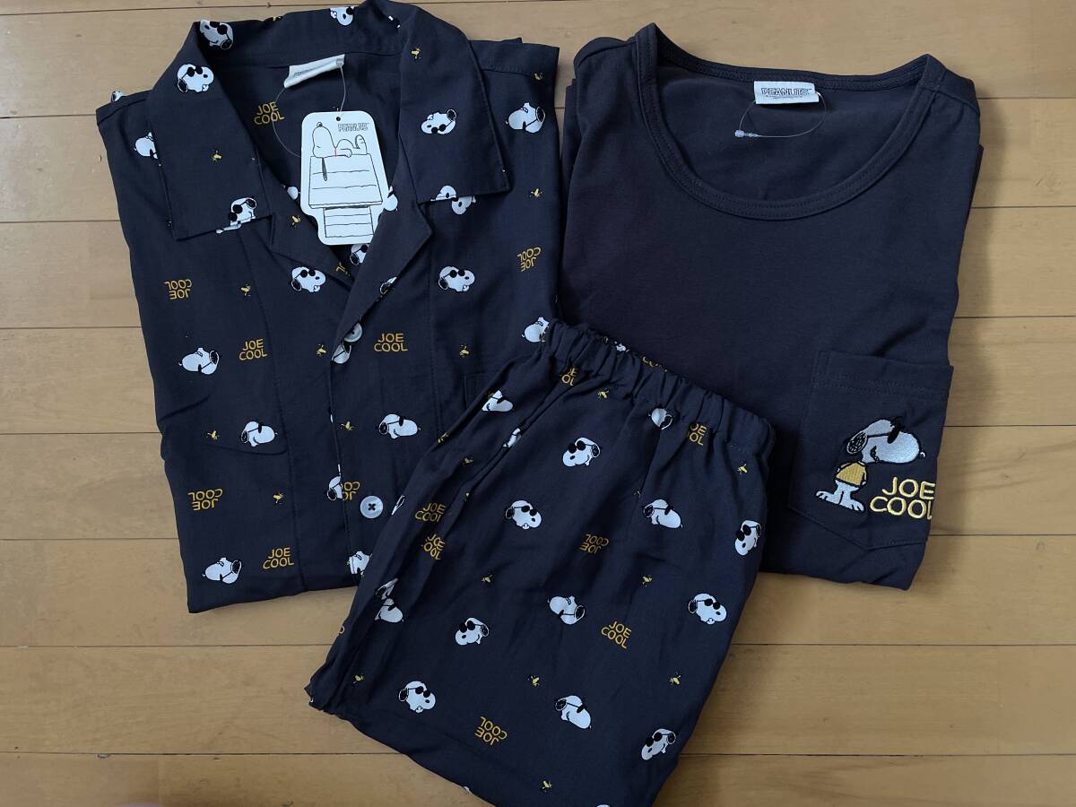 新品未使用 送料込み M SNOOPY スヌーピー レーヨン パジャマ・半袖Tシャツ 上下 セットアップ 茶色 ブラウン 総柄 ルームウェア 即決拍卖