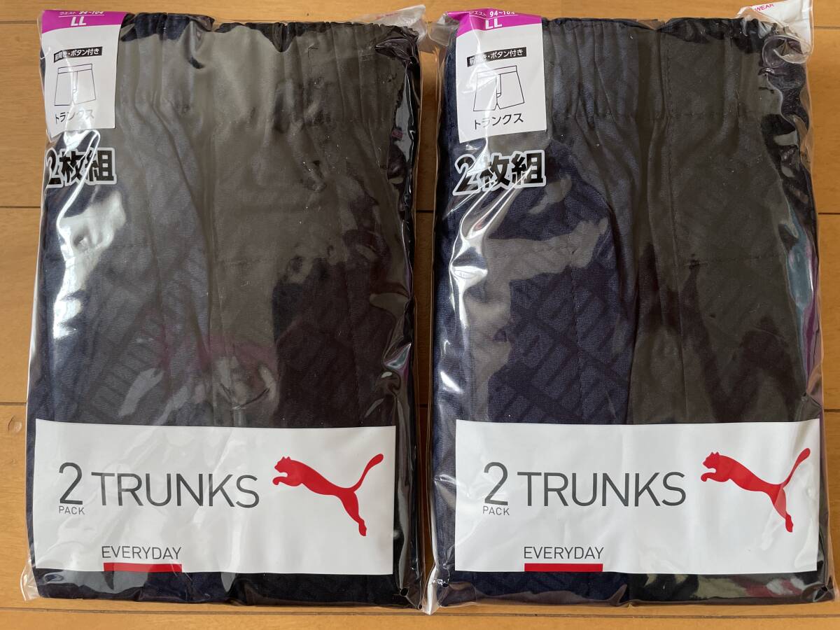 新品未使用 送料込み PUMA プーマ LL 4枚(2枚組×2)トランクス(前開き/ボタン付き)総柄 プーマキャット ネイビー 紺 ブラック 黒 即決拍卖