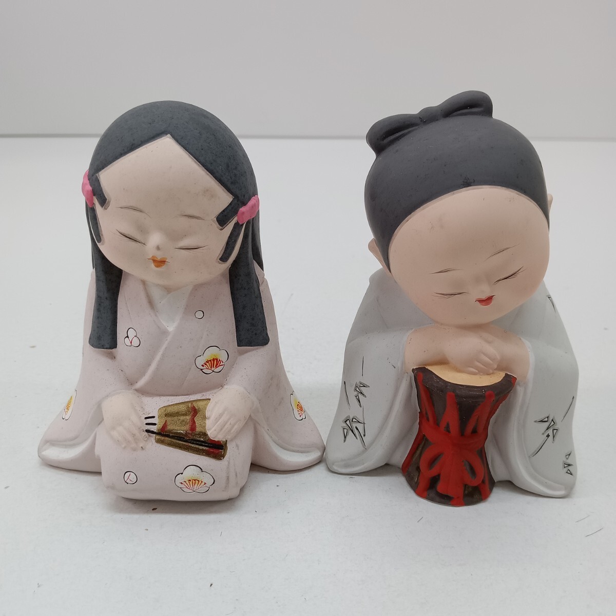 334 土人形 伝統工芸 陶器人形 2点セット 陶器 置物 インテリア オブジェ 和風 昭和レトロ 高さ約11cm 現状品拍卖