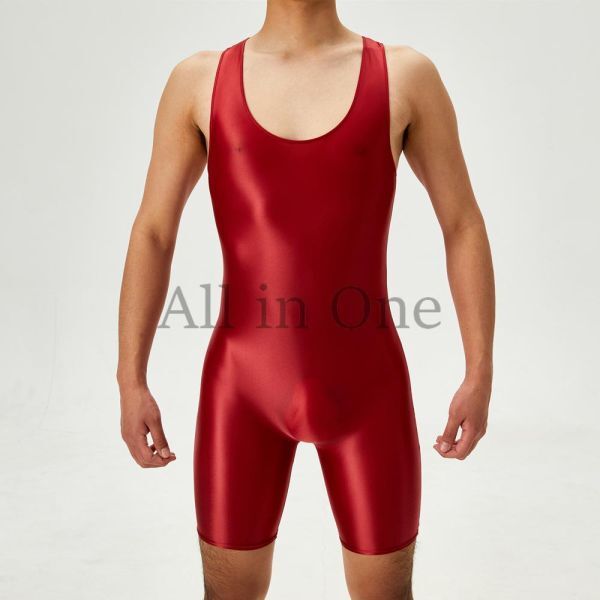 135-119-26 光沢 ツヤツヤ メンズ レスリング ボディスーツ【レッド,Lサイズ】男性 コスプレ コスチューム イベント ジャンプスーツ .1拍卖