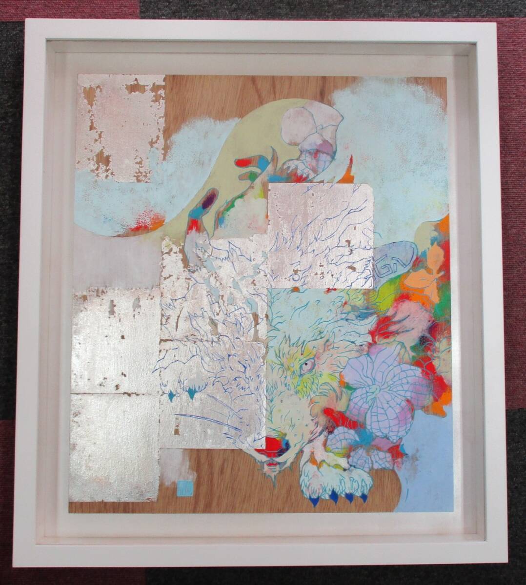 E-28 安岡亜蘭 wolf F10号 水彩銀箔画 木製パネル 良好拍卖