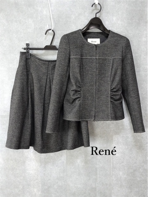 美品【Rene|ルネ】セットアップ スーツ スカートスーツ ノーカラージャケット フレアスカート グレー JK36 SK38 卒業式 入学式 式典 即決拍卖