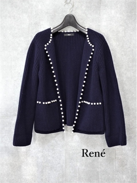 【Rene|ルネ】パール付き ニットカーディガン ニットジャケット リブニット ネイビー サイズM 即決拍卖
