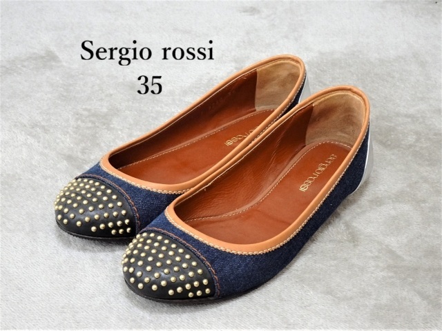未使用【Sergio Rossi|セルジオ ロッシ】Scarpe Donna Ballerina デニム スタッズ バレエシューズ デニム地パンプス サイズ35 即決拍卖