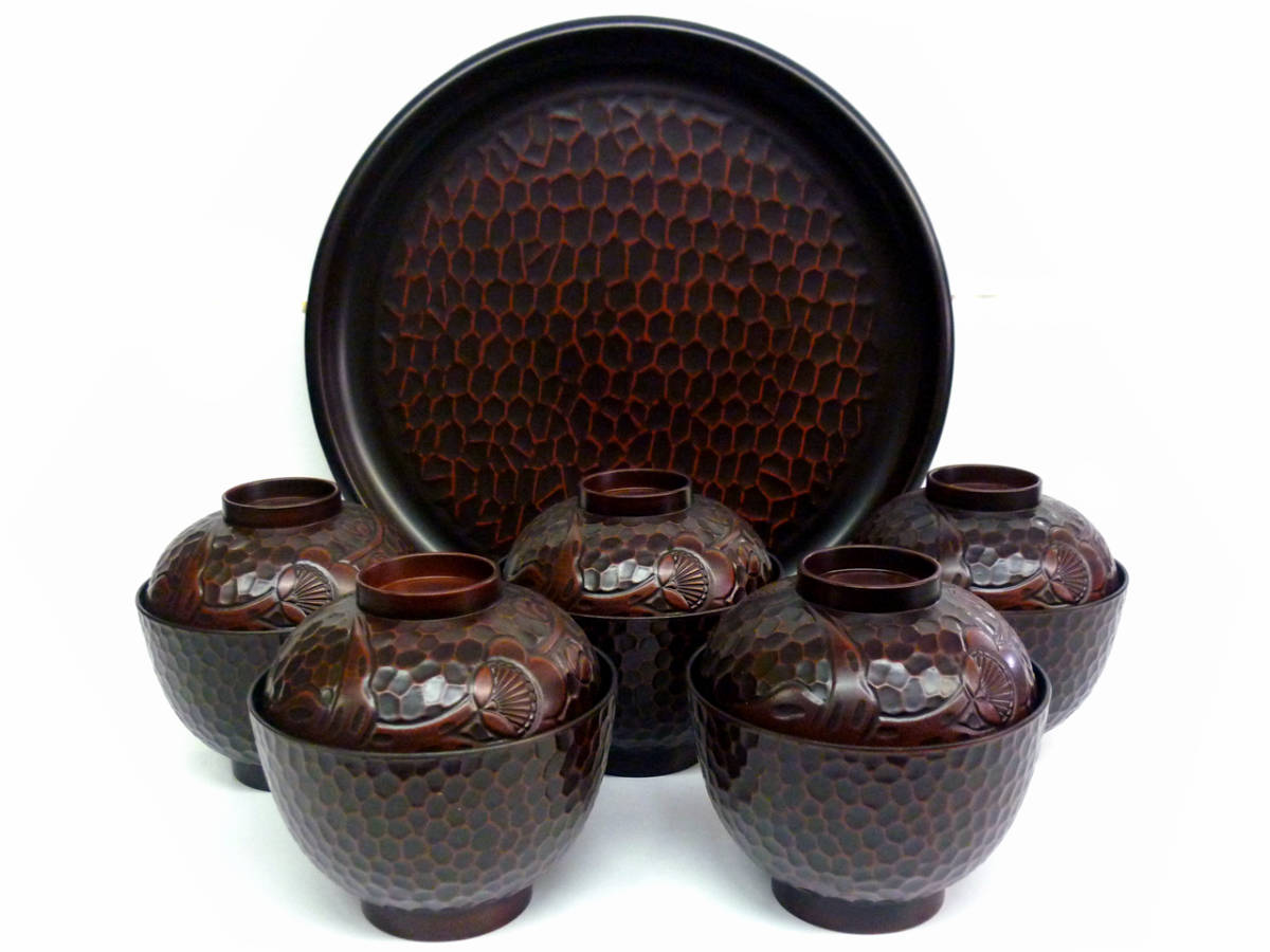 山中漆器 小吸物椀揃 盆付き フタ付き汁椀 5客セット 新品未使用 鎌倉彫風 お買い得 ykw-t51 送料無料拍卖