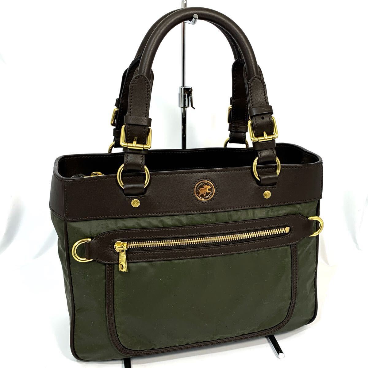 【美品】ハンティングワールド/レザーナイロン/トートバック/グリーン拍卖