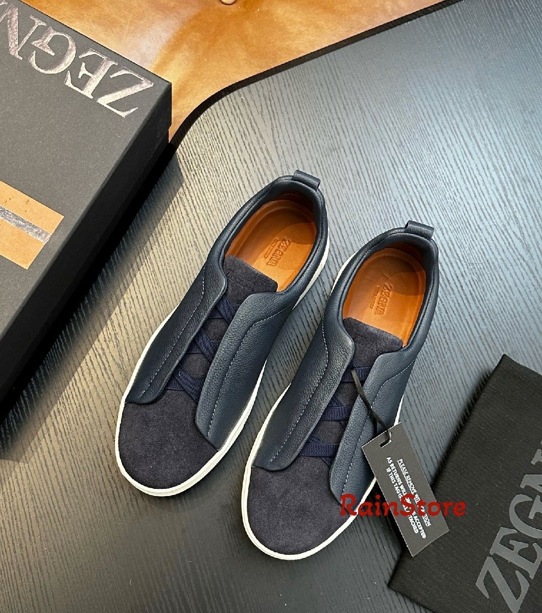 Ermenegildo Zegna エルメネジルド ゼニア メンズスニーカー ネイビー EU40 Triple Stitch ウォーキングシューズ ローカット 本革 スエード拍卖
