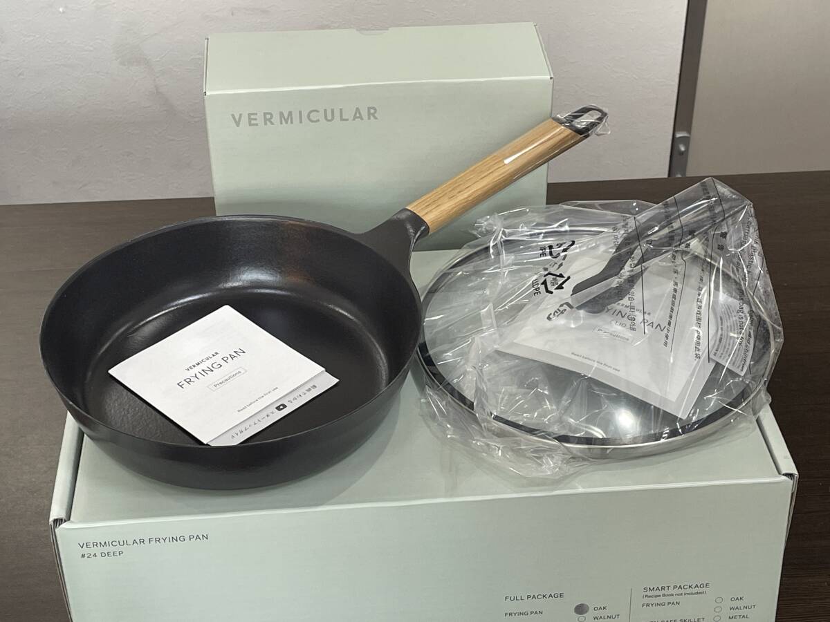 ★【24cm 深型 フライパン ガラス蓋付き IH対応】VERMICULAR バーミキュラ ♯24 DEEP オーク ガラスリッド LID セット★未使用品拍卖