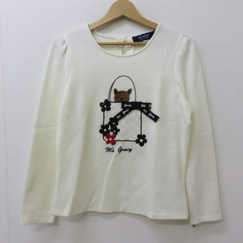 YSS6189★M'S GRACY/エムズグレイシー ワンちゃんモチーフカットソー 長袖Tシャツ スパンコール リボン ホワイト サイズ40 未使用★A拍卖