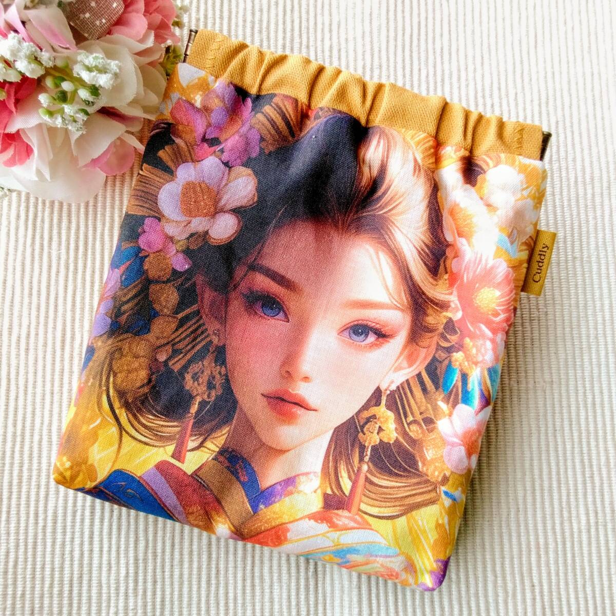 ハンドメイド バネポーチ 百花繚乱 イエロー パネル生地拍卖