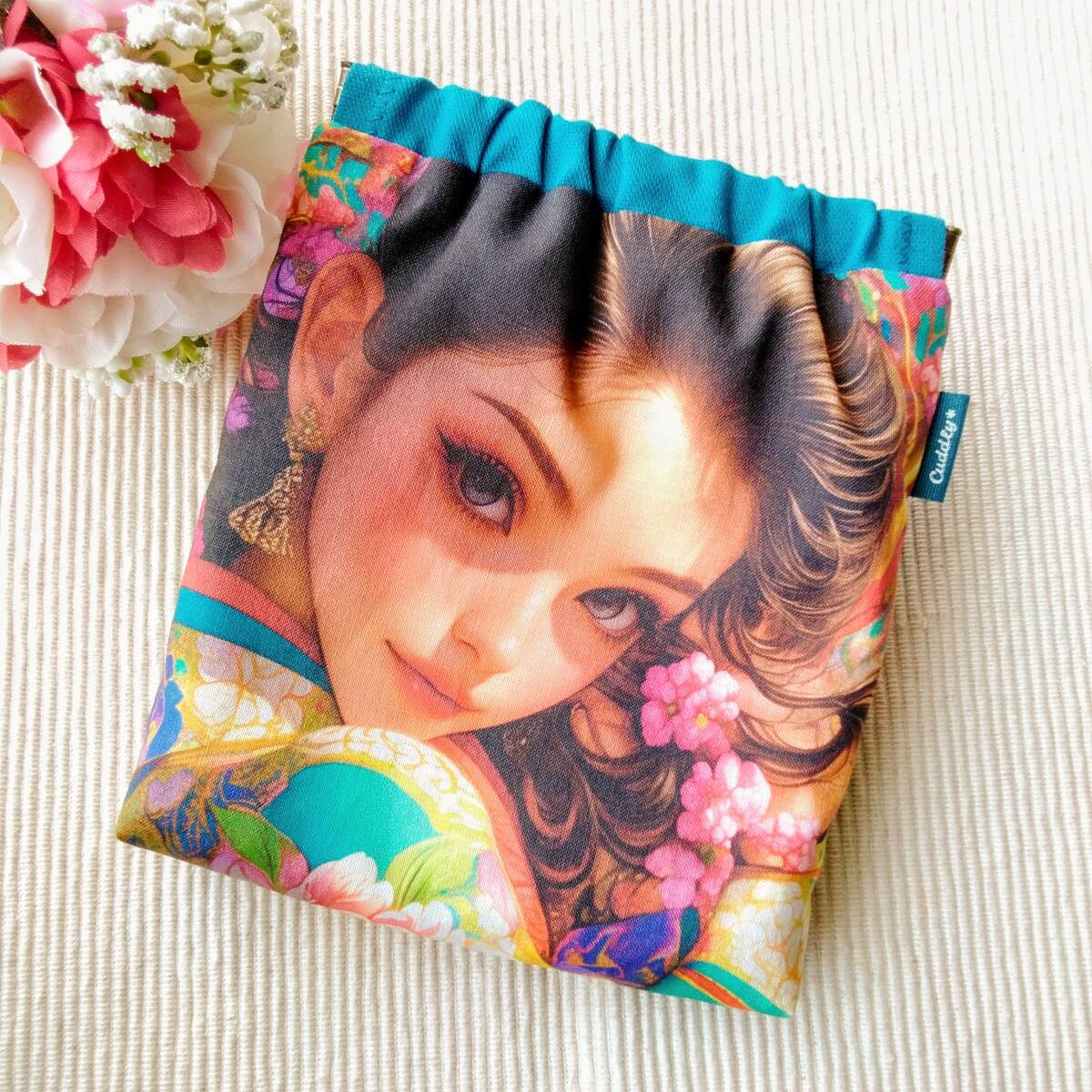 ハンドメイド バネポーチ 百花繚乱 ブルー パネル生地拍卖