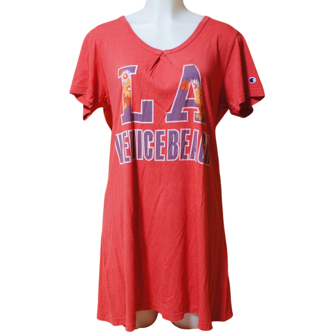 †Champion チャンピオン レディース Tシャツワンピ LAプリント/XL†VENICE BEACH 赤 ヴィンテージ 古着拍卖